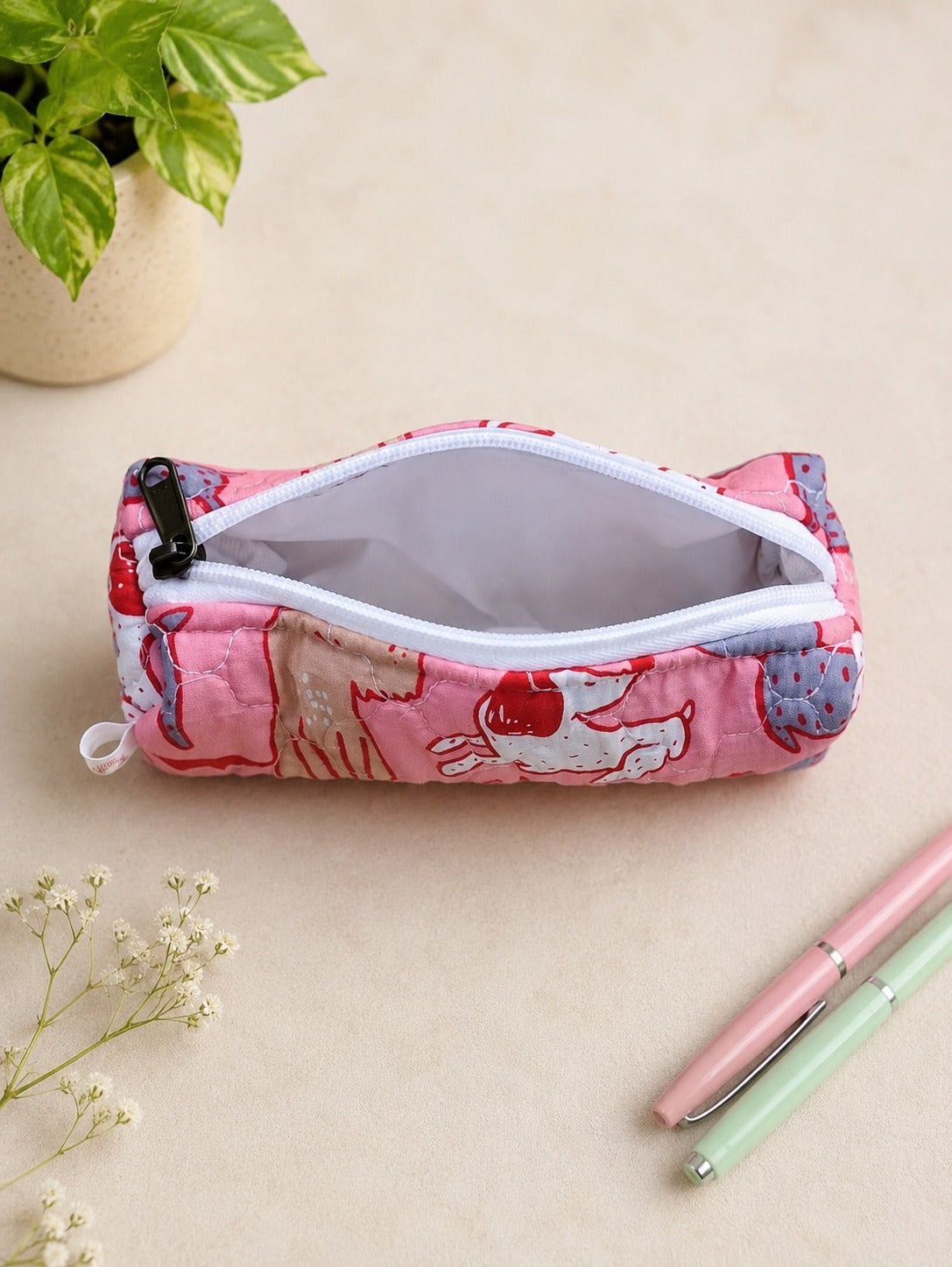 Handblock Printed Cotton Pencil Box Pouch with Zip Closure