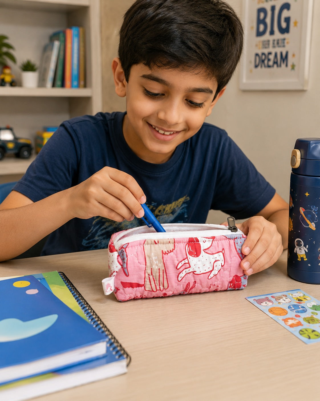 Handblock Printed Cotton Pencil Box Pouch with Zip Closure