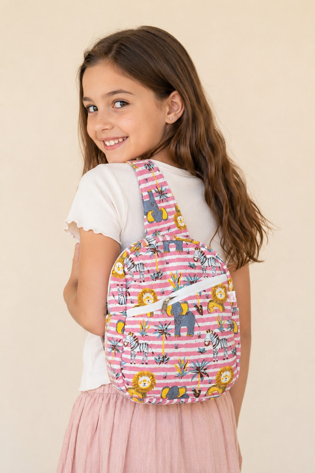 Handblock Printed Cotton Kids’ One Strap Backpack with Adjustable Straps