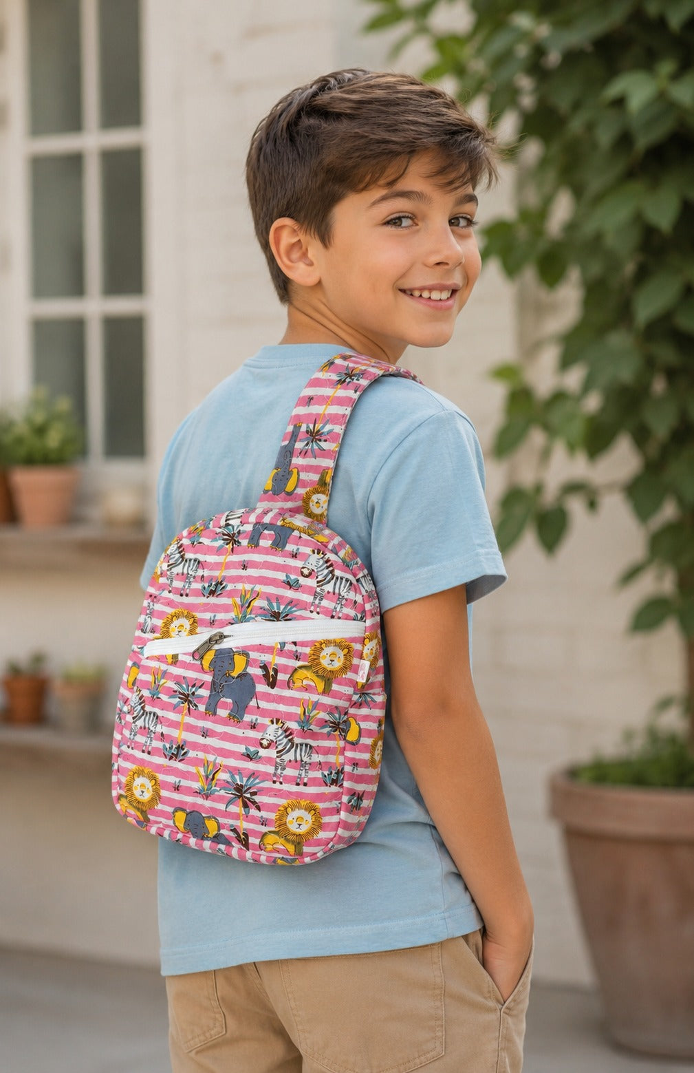 Handblock Printed Cotton Kids’ One Strap Backpack with Adjustable Straps