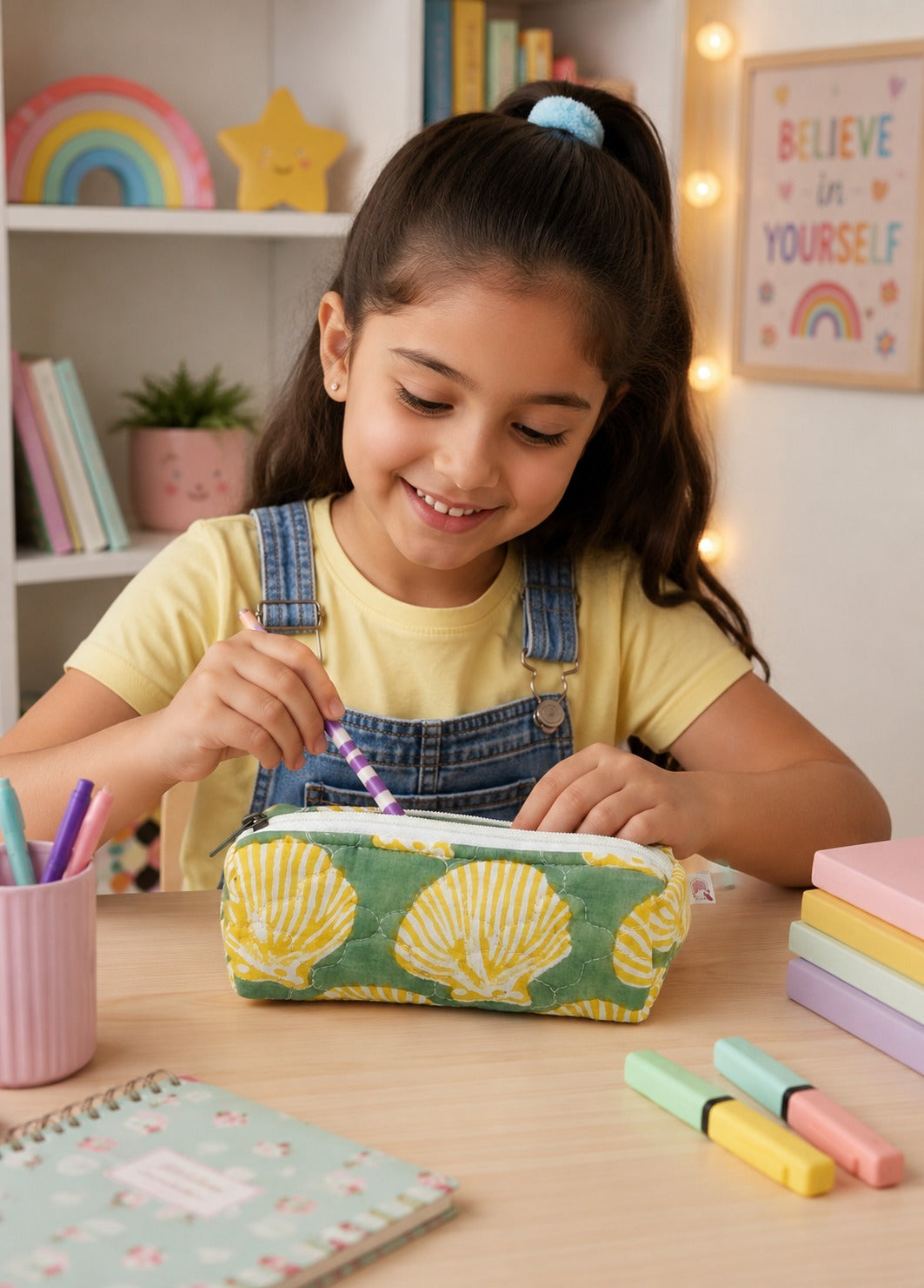 Handblock Printed Cotton Pencil Box Pouch with Zip Closure