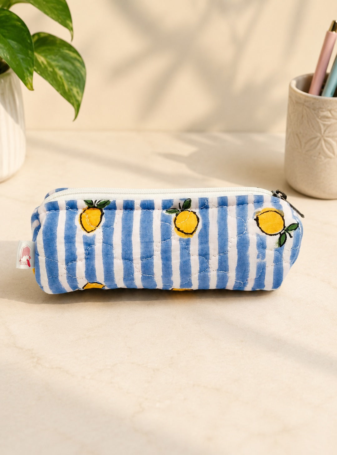 Handblock Printed Cotton Pencil Box Pouch with Zip Closure
