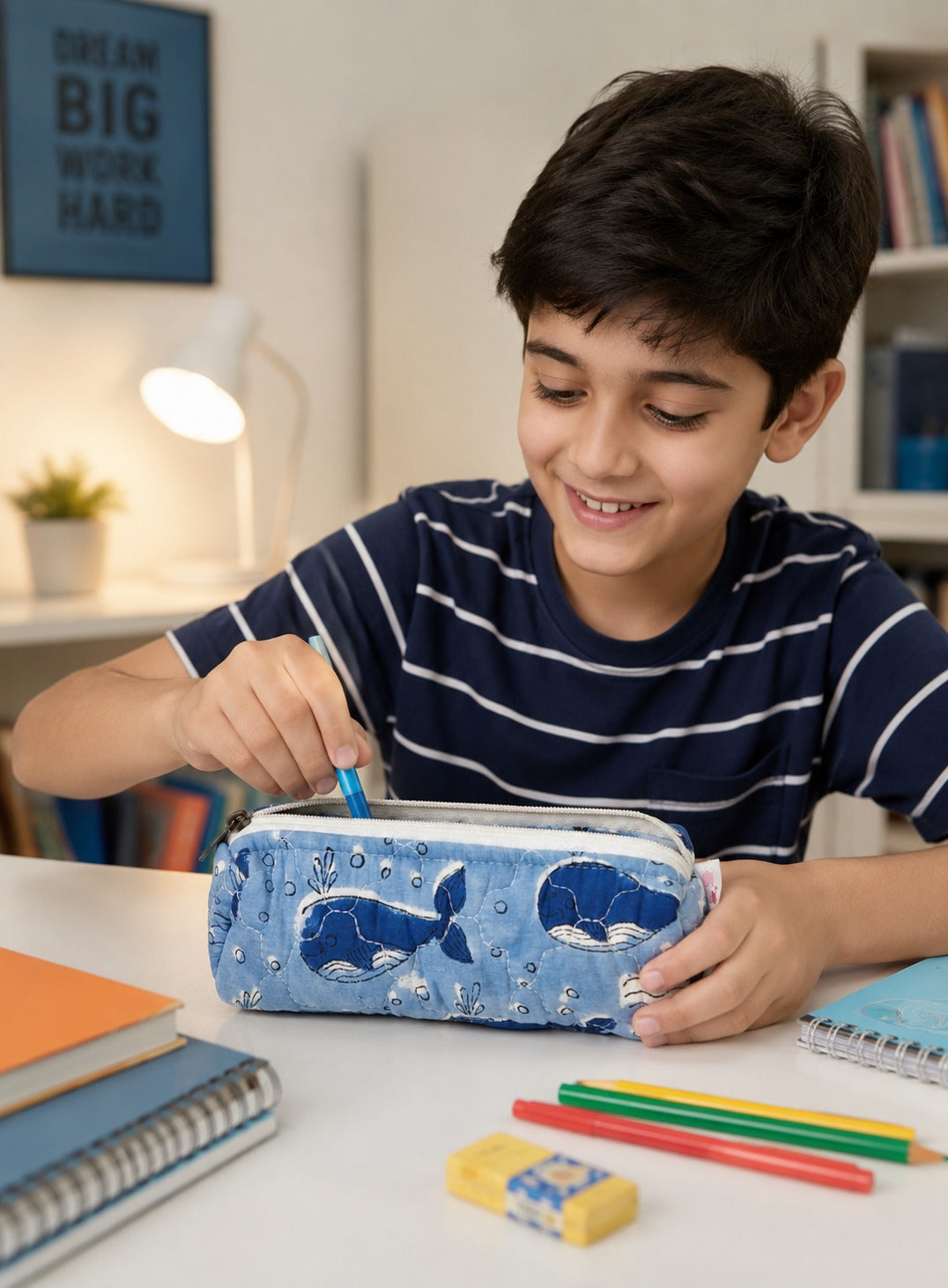 Handblock Printed Cotton Pencil Box Pouch with Zip Closure