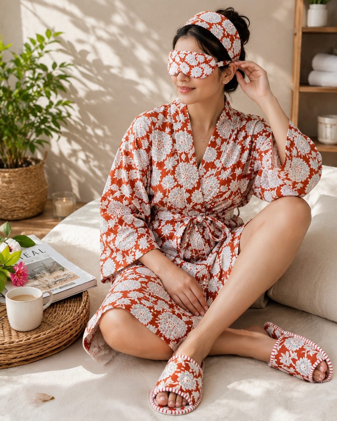 Gift Box With Handblock Print Cotton Robe Gift Set with Sleep Mask, Slippers & Headband