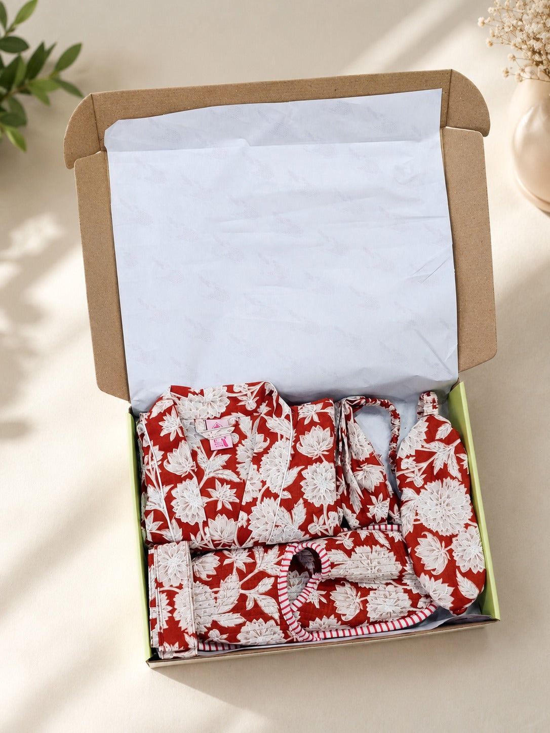 Gift Box With Handblock Print Cotton Robe Gift Set with Sleep Mask, Slippers & Headband