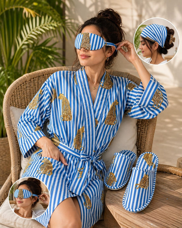 Gift Box With Handblock Print Cotton Robe Gift Set with Sleep Mask, Slippers & Headband