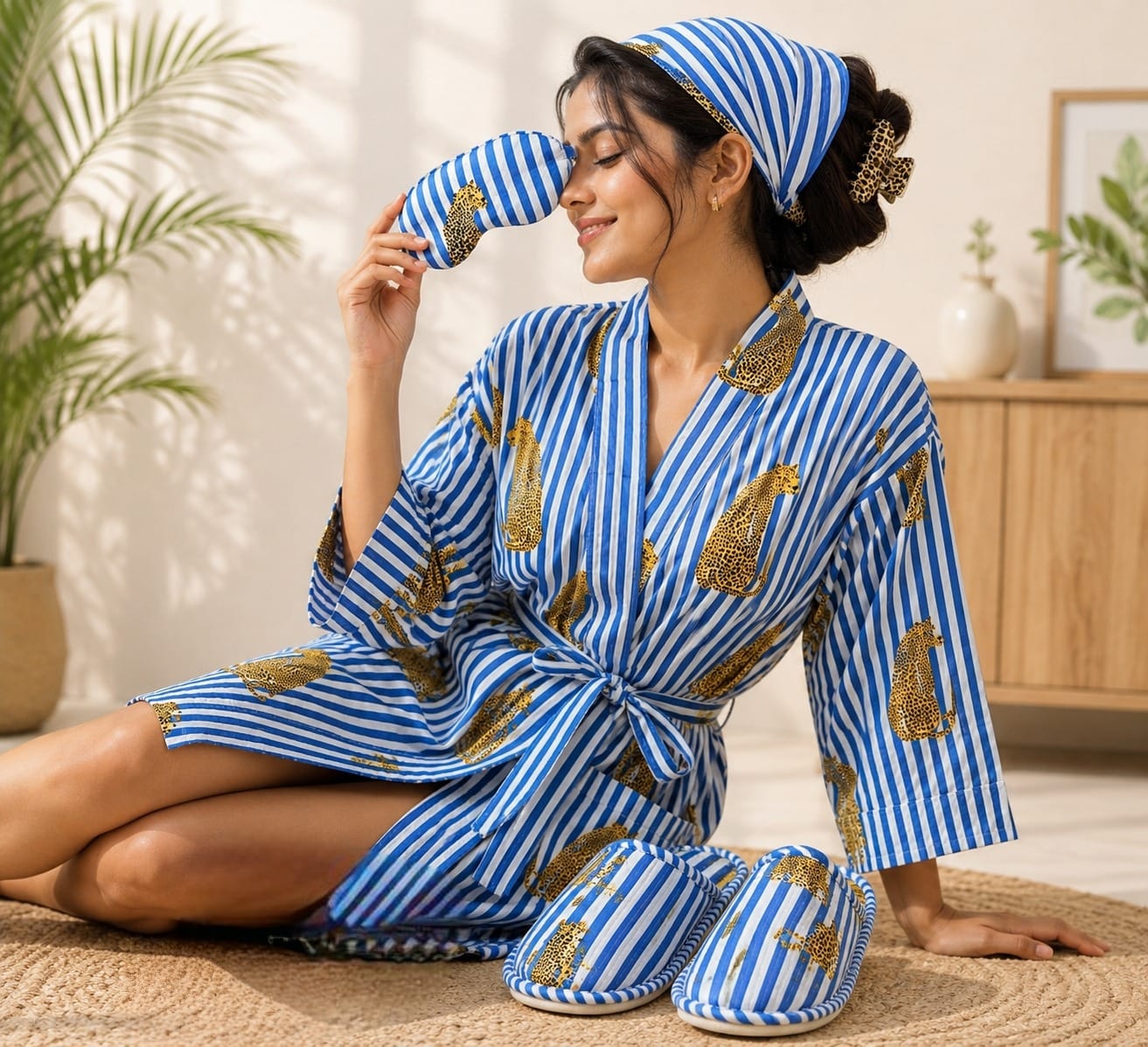 Gift Box With Handblock Print Cotton Robe Gift Set with Sleep Mask, Slippers & Headband