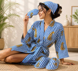 Gift Box With Handblock Print Cotton Robe Gift Set with Sleep Mask, Slippers & Headband