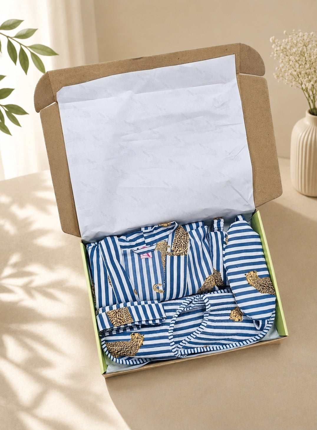 Gift Box With Handblock Print Cotton Robe Gift Set with Sleep Mask, Slippers & Headband