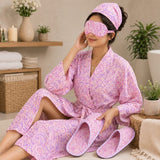 Gift Box With Handblock Print Cotton Robe Gift Set with Sleep Mask, Slippers & Headband