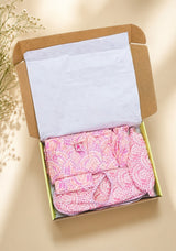 Gift Box With Handblock Print Cotton Robe Gift Set with Sleep Mask, Slippers & Headband