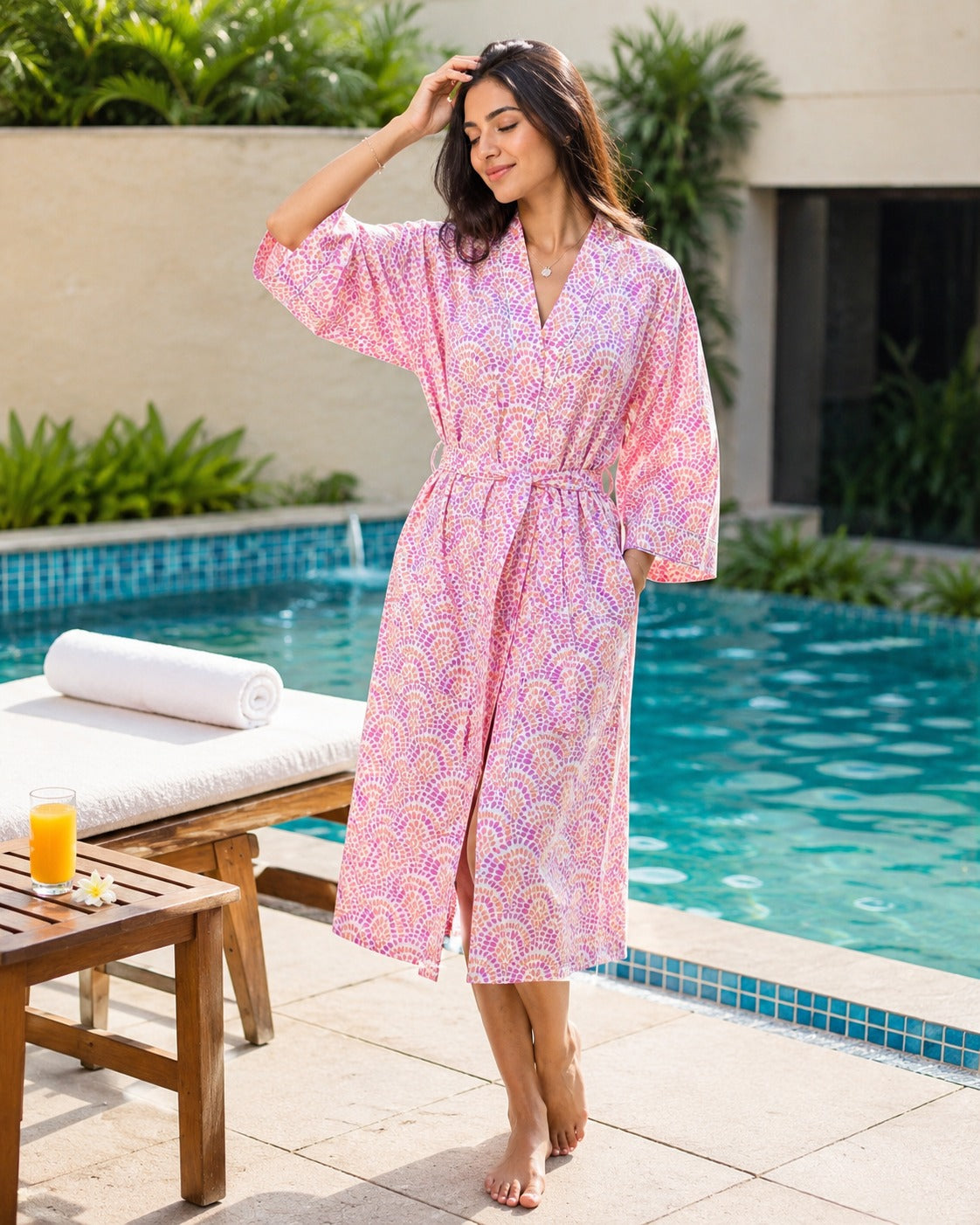 Gift Box With Handblock Print Cotton Robe Gift Set with Sleep Mask, Slippers & Headband