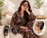 Gift Box With Handblock Print Cotton Robe Gift Set with Sleep Mask, Slippers & Headband
