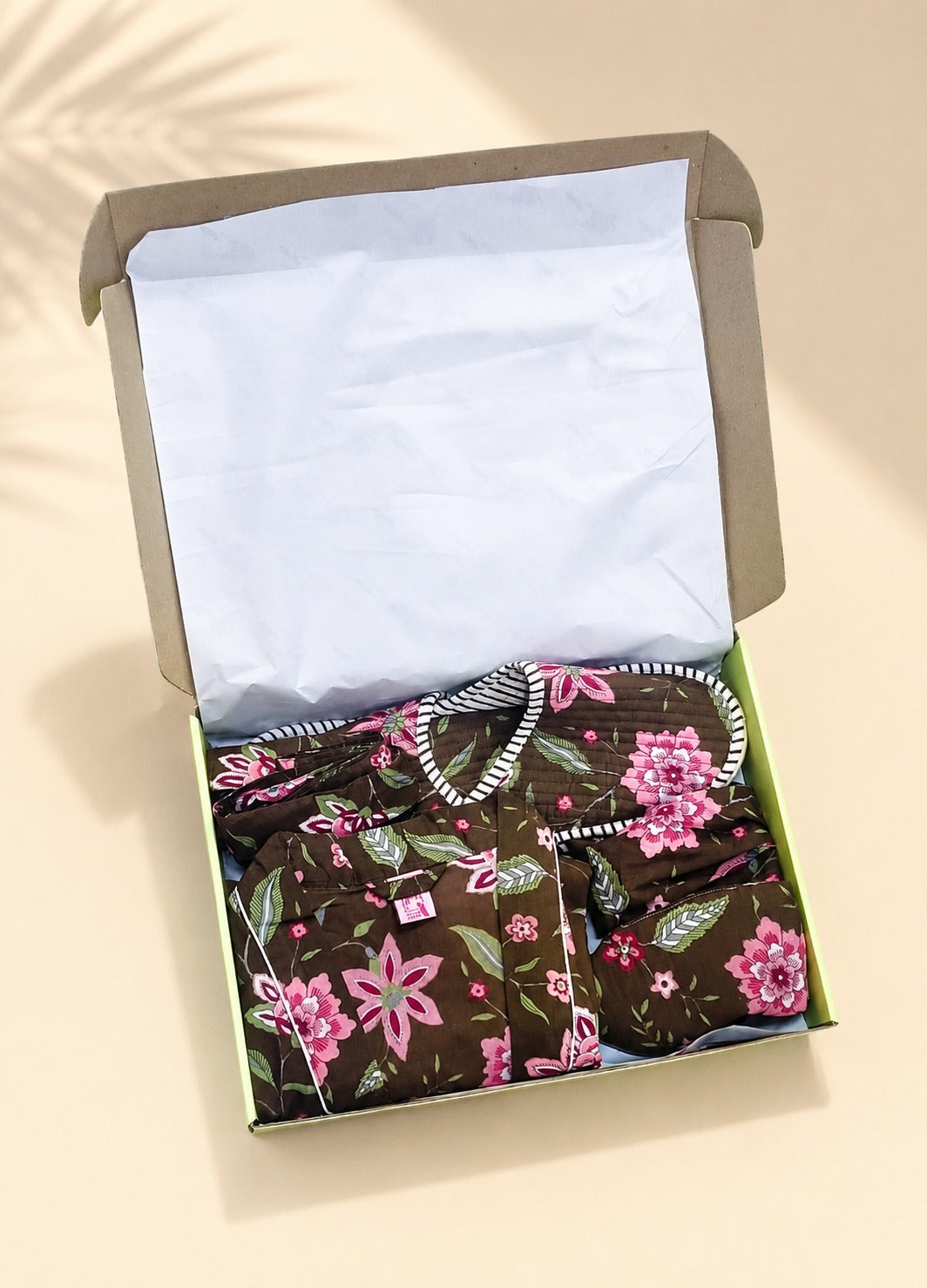 Gift Box With Handblock Print Cotton Robe Gift Set with Sleep Mask, Slippers & Headband