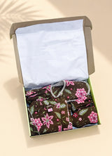 Gift Box With Handblock Print Cotton Robe Gift Set with Sleep Mask, Slippers & Headband