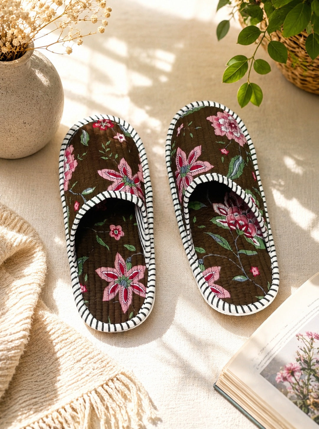 Gift Box With Handblock Print Cotton Robe Gift Set with Sleep Mask, Slippers & Headband