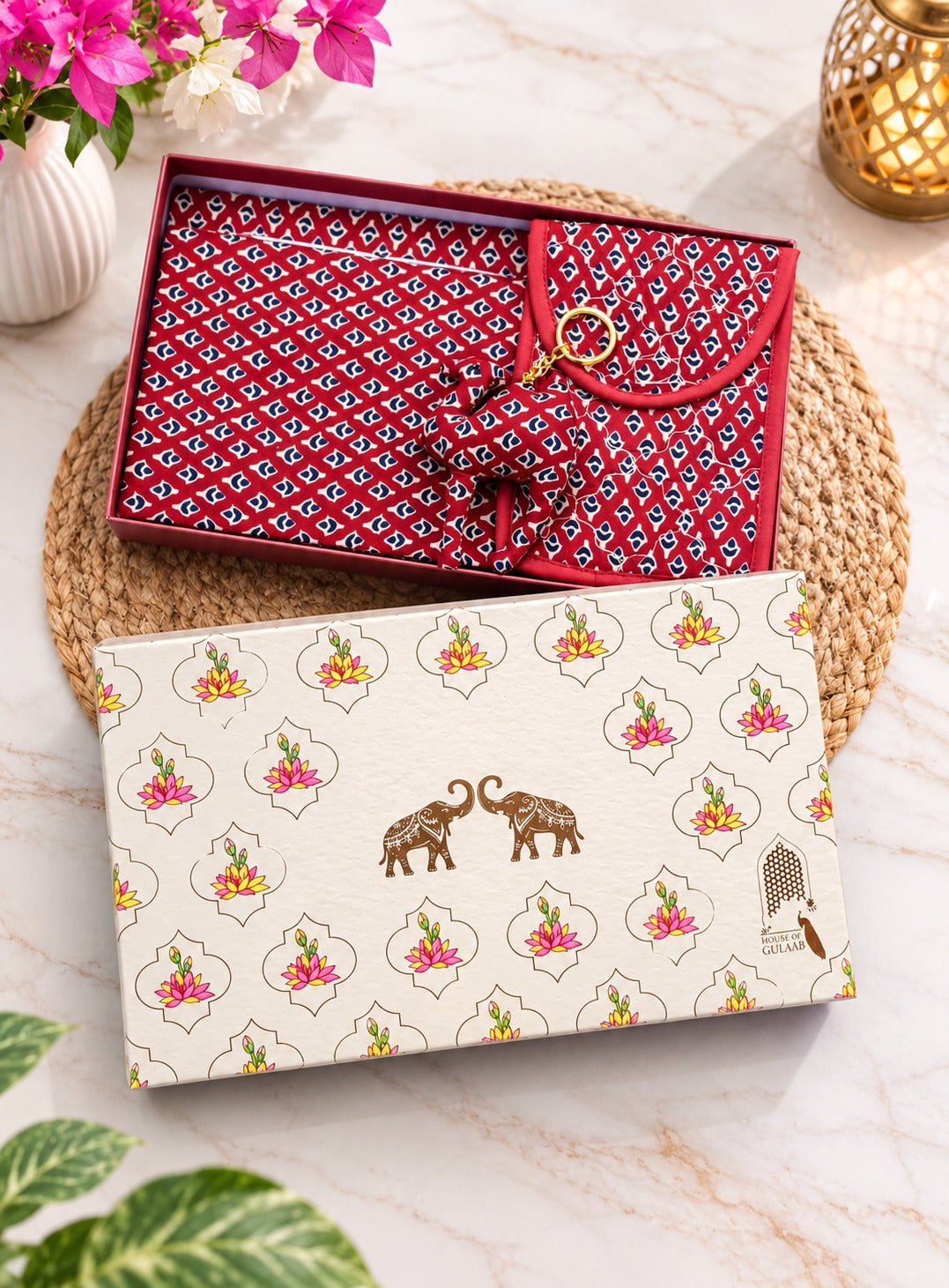 Gift Box with Handblock Printed Gifting Hamper – Photo Frame, Keychain, Sunglasses Pouch & Diary Set