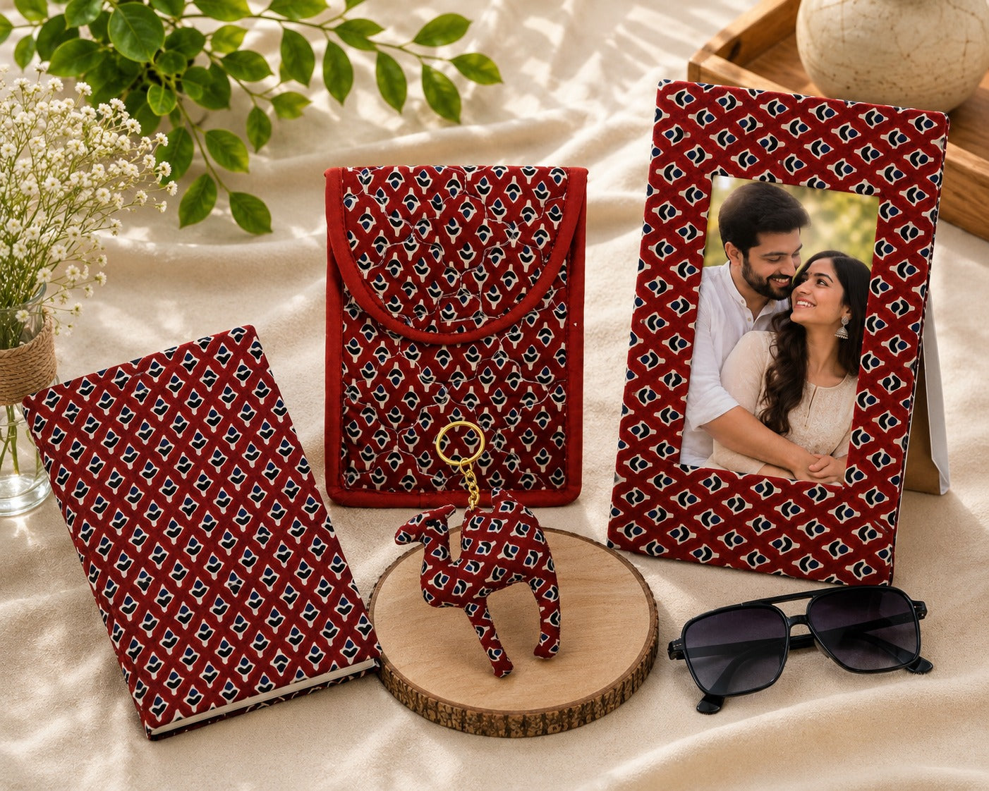 Gift Box with Handblock Printed Gifting Hamper – Photo Frame, Keychain, Sunglasses Pouch & Diary Set