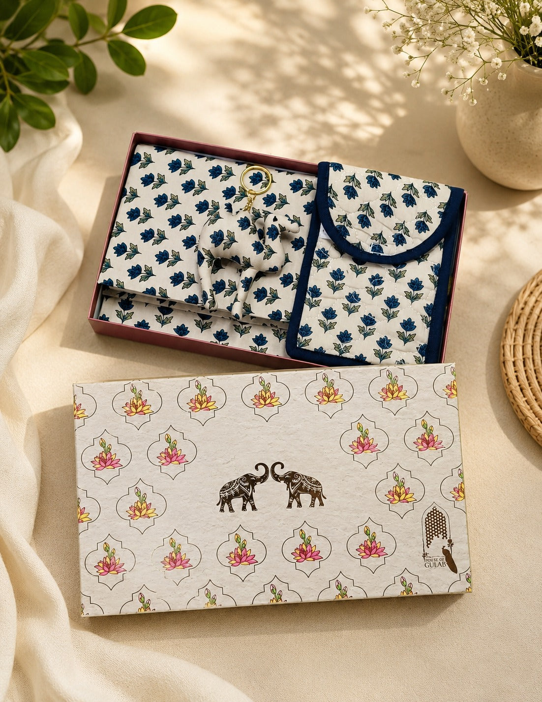 Gift Box with Handblock Printed Gifting Hamper – Photo Frame, Keychain, Sunglasses Pouch & Diary Set