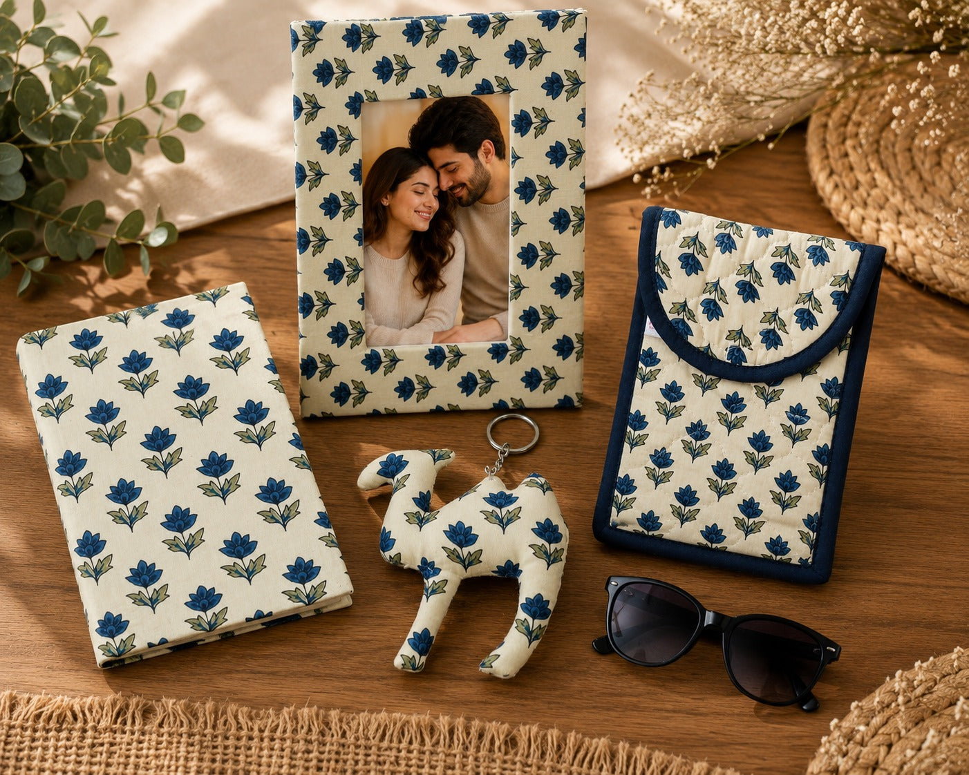 Gift Box with Handblock Printed Gifting Hamper – Photo Frame, Keychain, Sunglasses Pouch & Diary Set