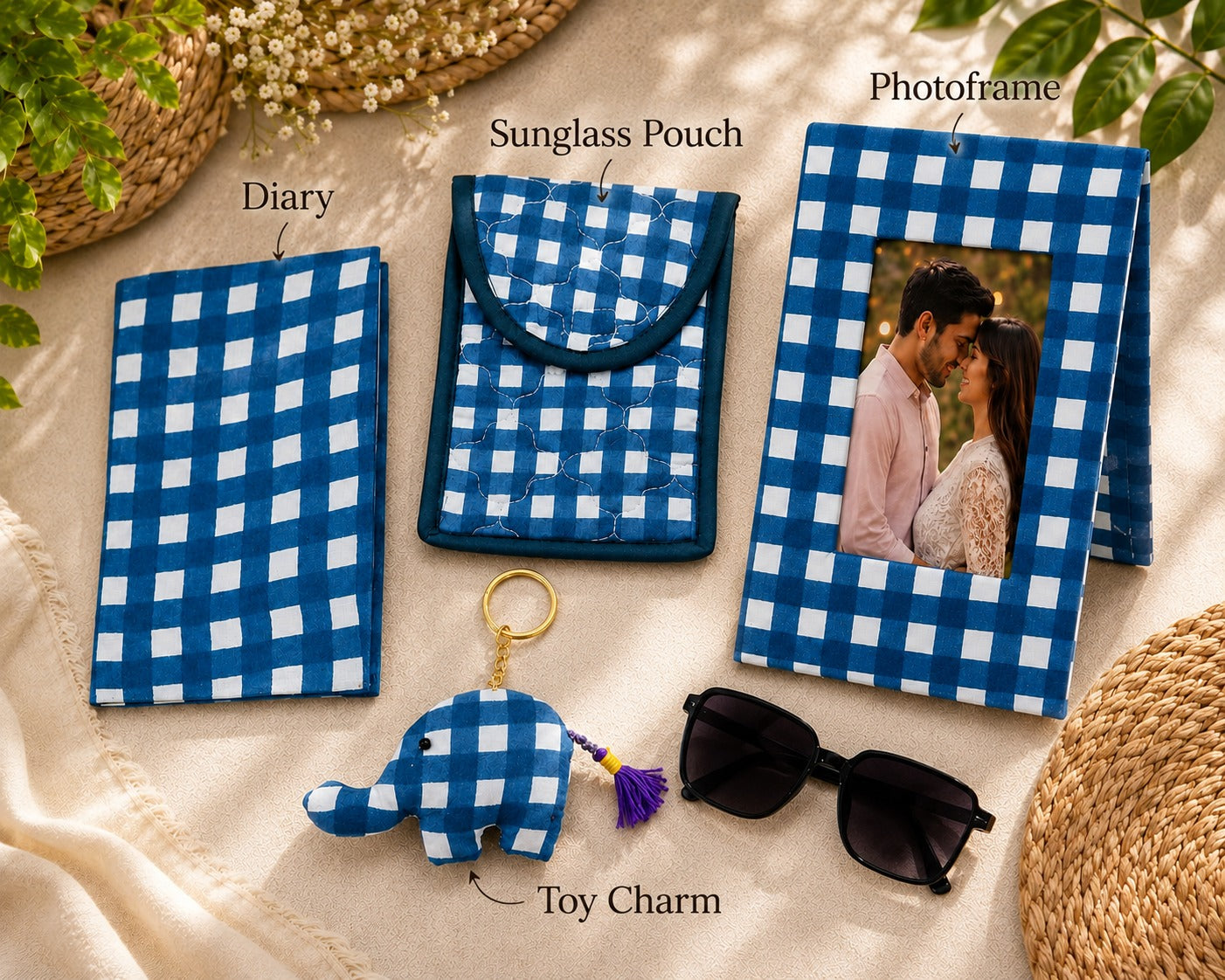 Gift Box with Handblock Printed Gifting Hamper – Photo Frame, Keychain, Sunglasses Pouch & Diary Set