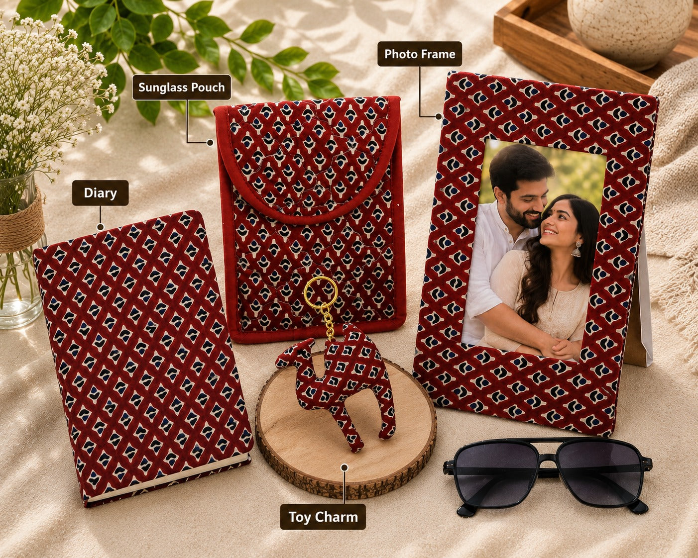 Gift Box with Handblock Printed Gifting Hamper – Photo Frame, Keychain, Sunglasses Pouch & Diary Set