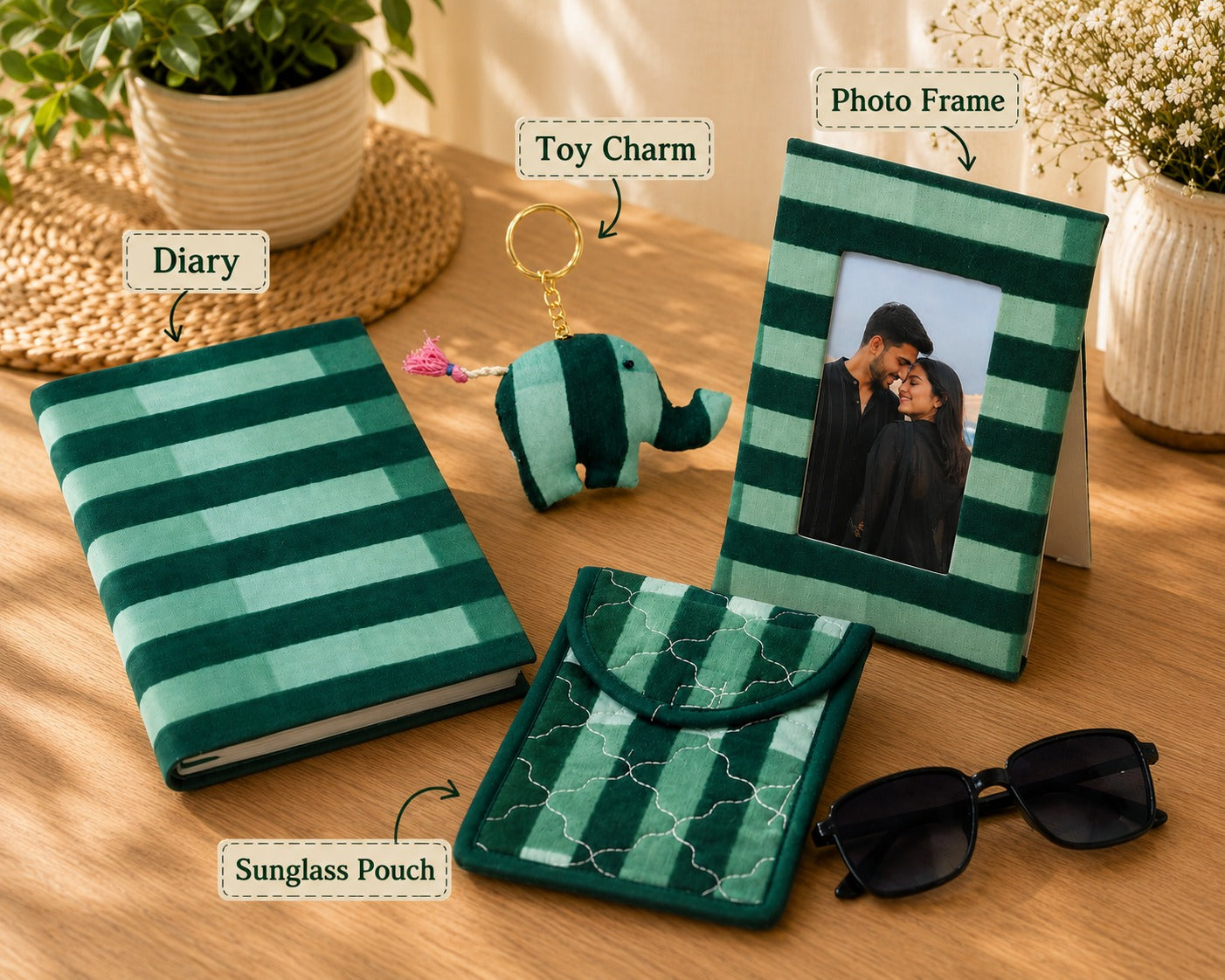 Gift Box with Handblock Printed Gifting Hamper – Photo Frame, Keychain, Sunglasses Pouch & Diary Set