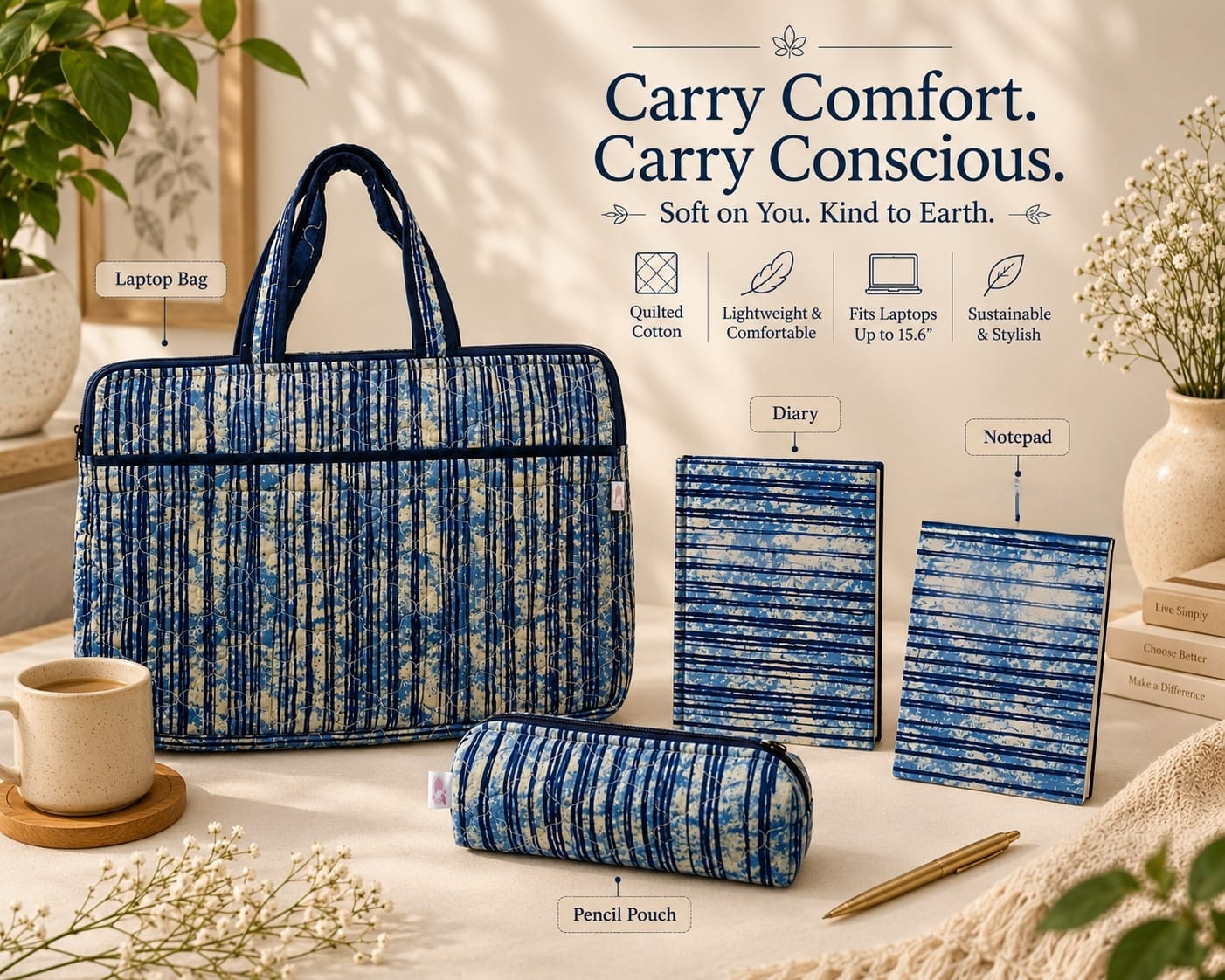 Quilted Cotton Work Gift Set – Laptop Bag, Diary, Notepad & Pencil Pouch