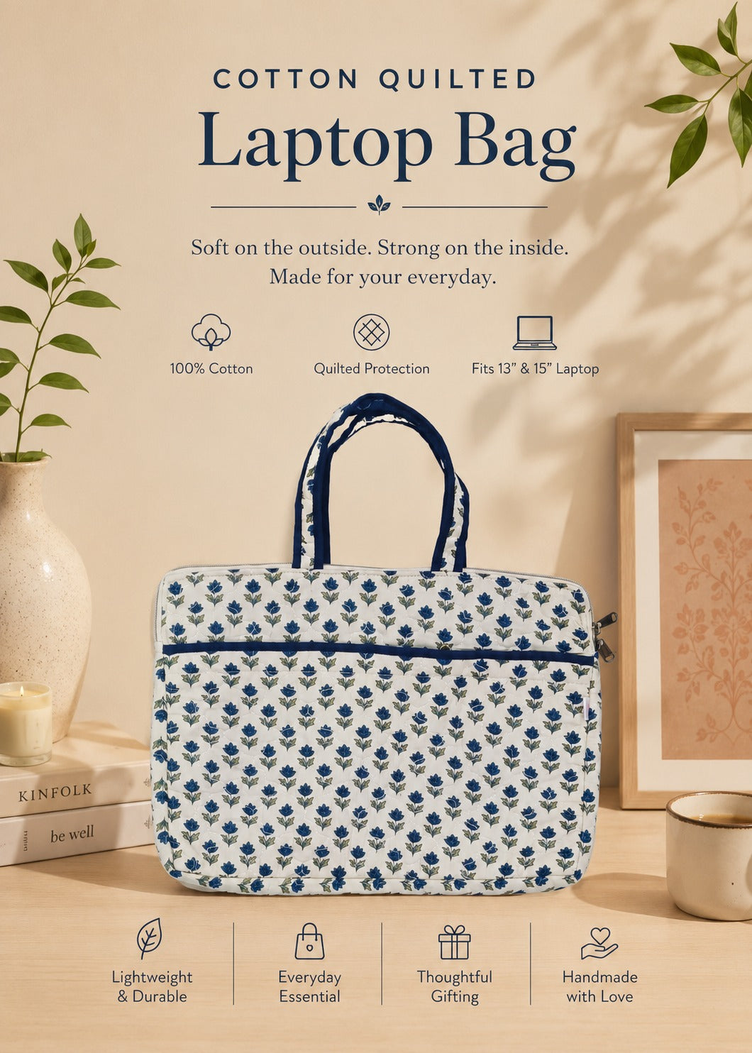 Quilted Cotton Work Gift Set – Laptop Bag, Diary, Notepad & Pencil Pouch