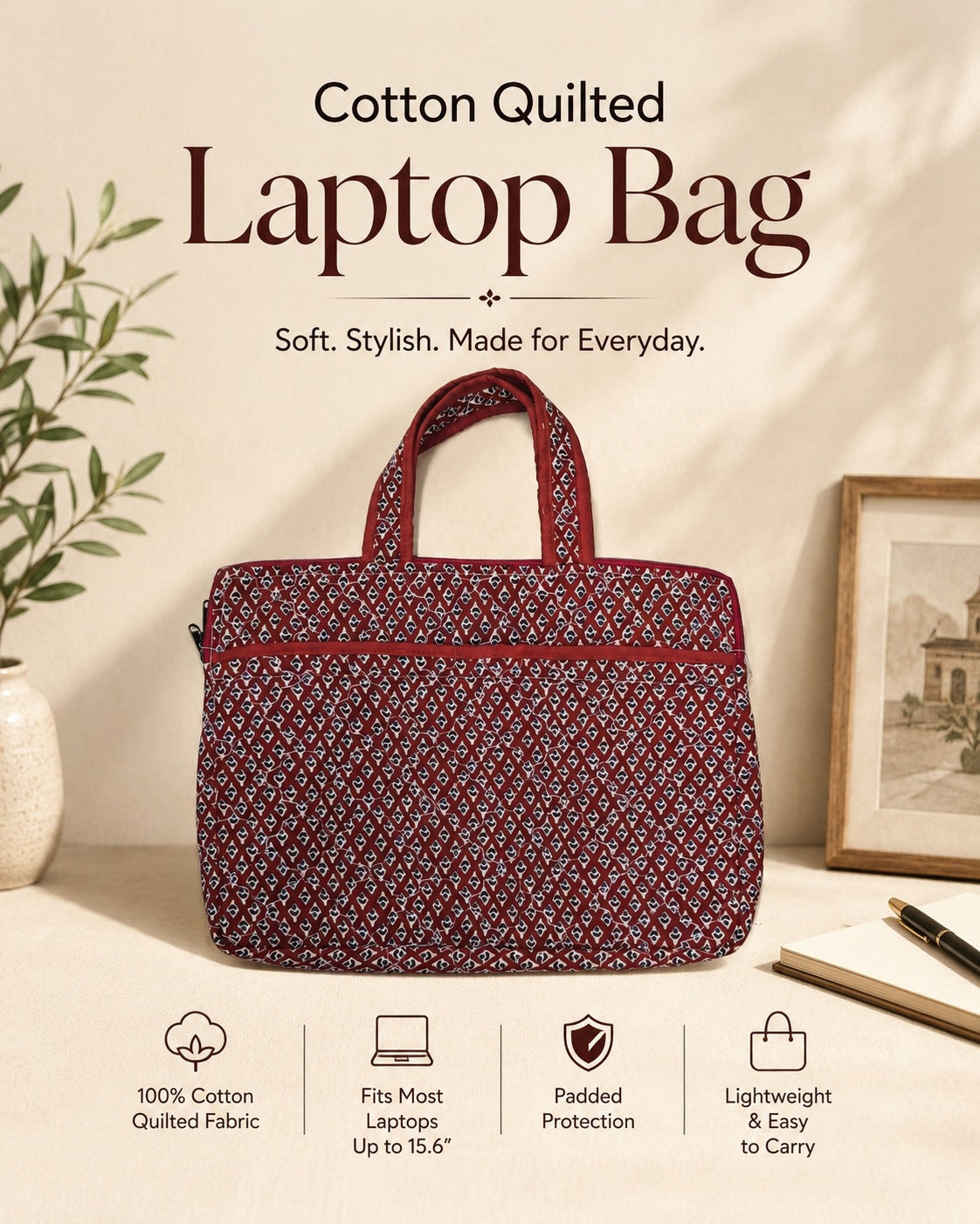 Quilted Cotton Work Gift Set – Laptop Bag, Diary, Notepad & Pencil Pouch