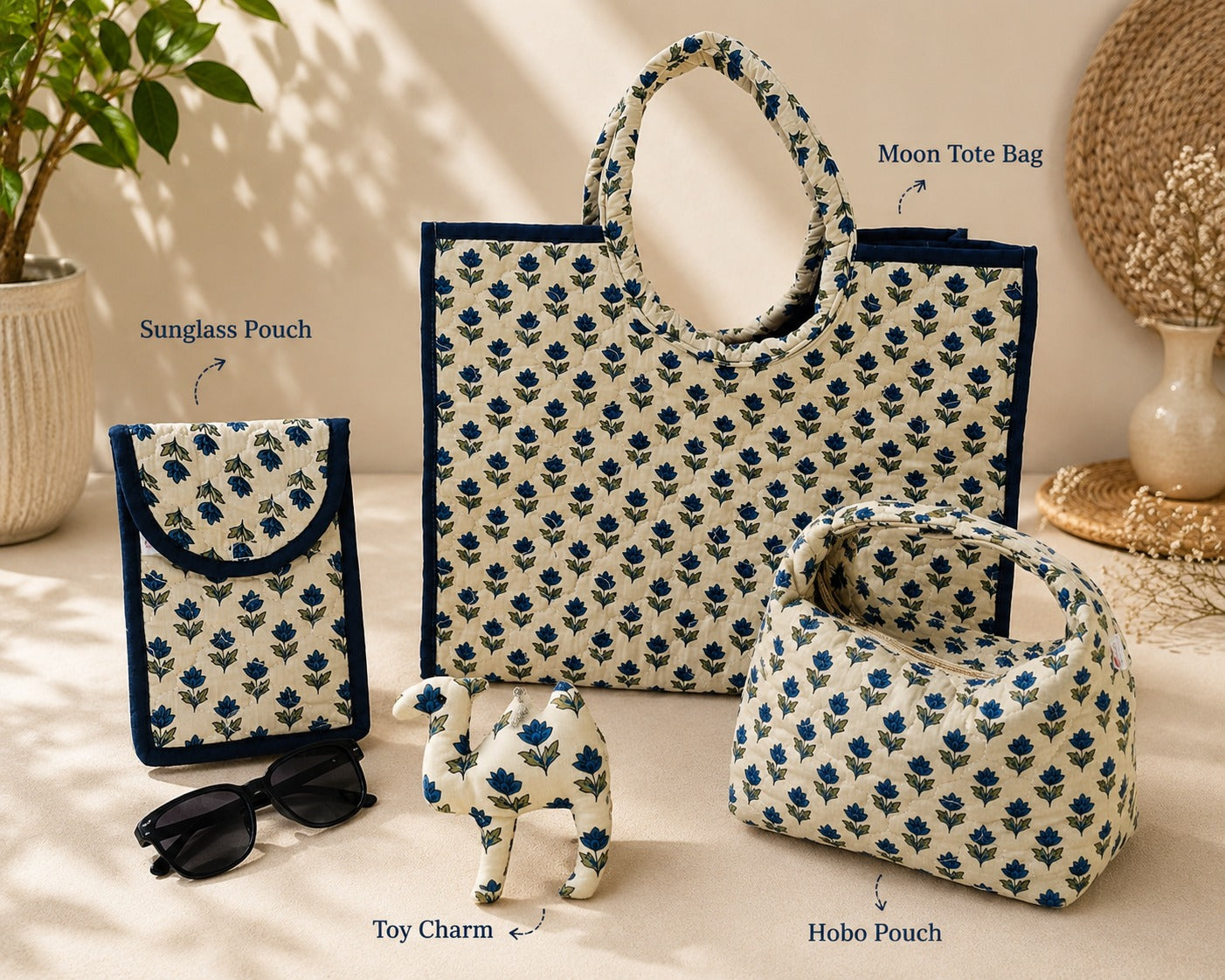 Gift Box with Quilted Cotton Moon Handle Bag, Hobo Pouch, Sunglass Pouch & Toy Charm Keyring