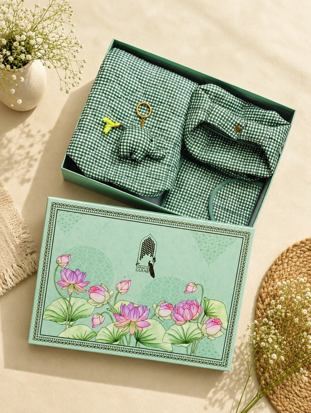 Gift Box with Quilted Cotton Moon Handle Bag, Hobo Pouch, Sunglass Pouch & Toy Charm Keyring