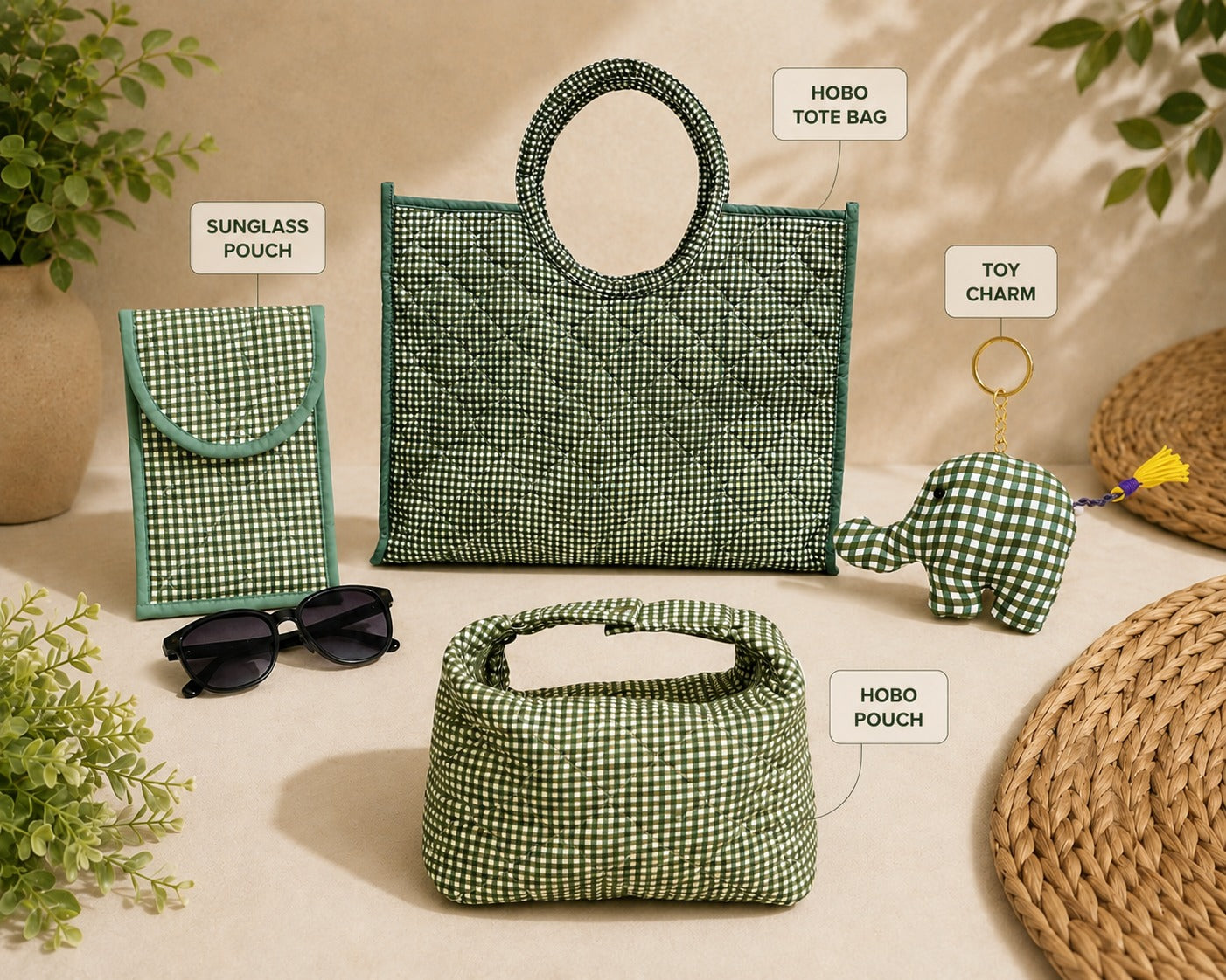 Gift Box with Quilted Cotton Moon Handle Bag, Hobo Pouch, Sunglass Pouch & Toy Charm Keyring