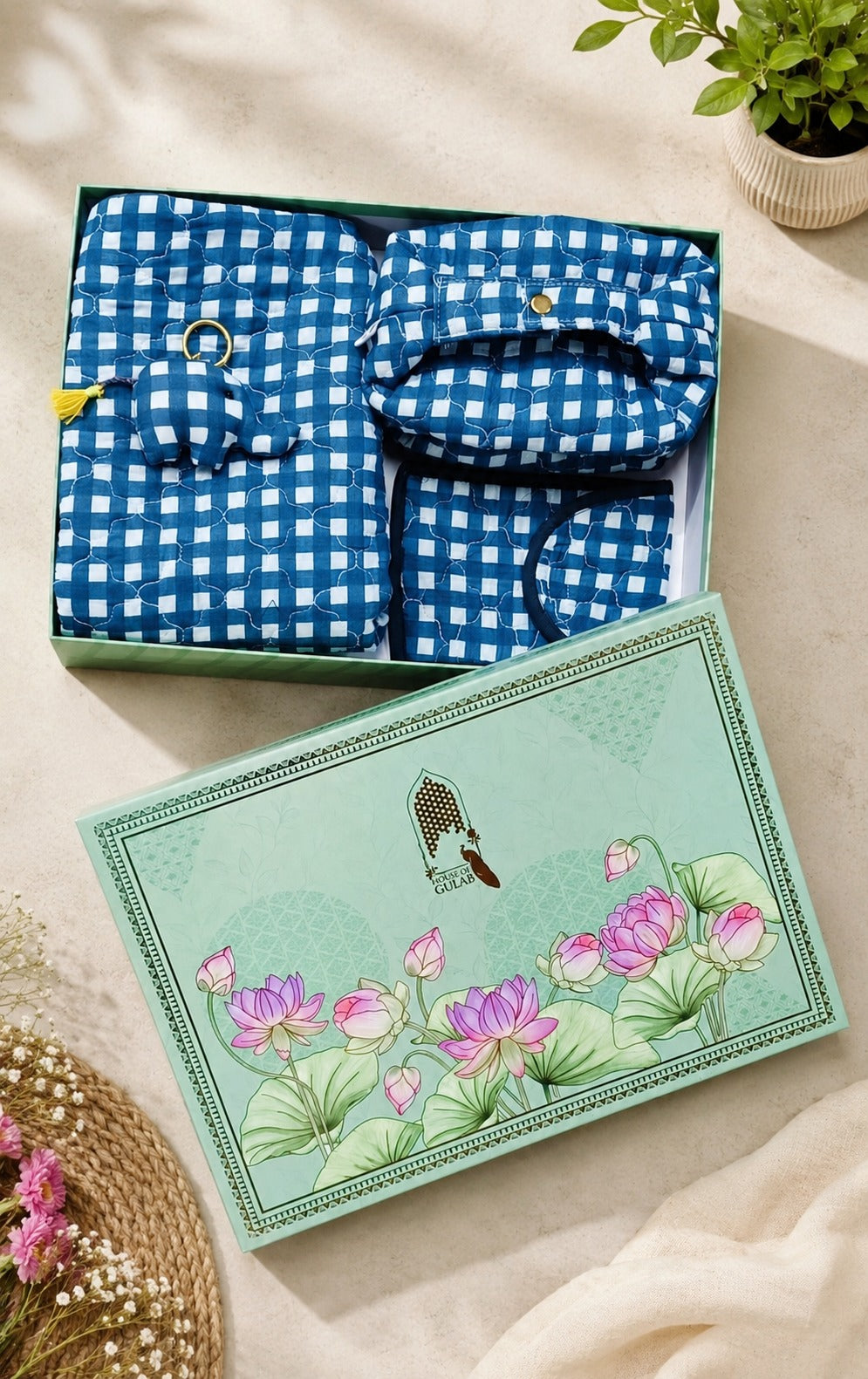 Gift Box with Quilted Cotton Moon Handle Bag, Hobo Pouch, Sunglass Pouch & Toy Charm Keyring