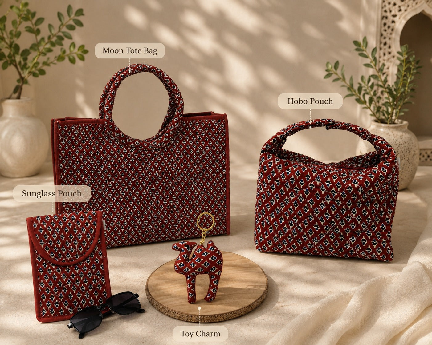 Gift Box with Quilted Cotton Moon Handle Bag, Hobo Pouch, Sunglass Pouch & Toy Charm Keyring