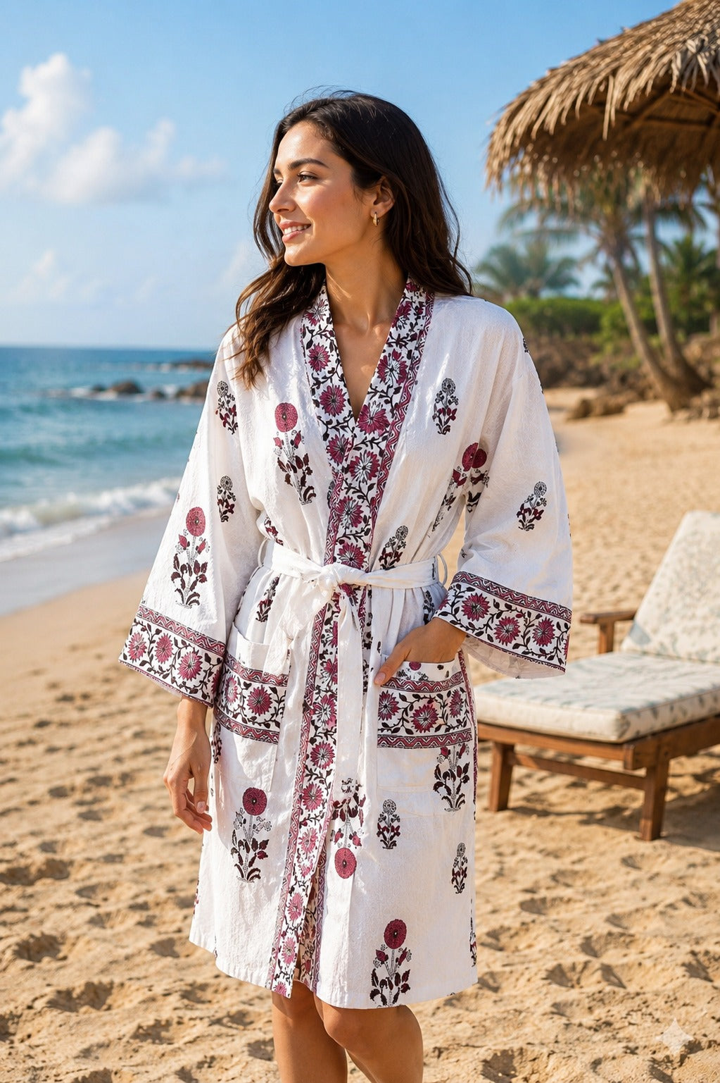 Waffle Cotton Handblock Printed Unisex Bathrobe - Free Size