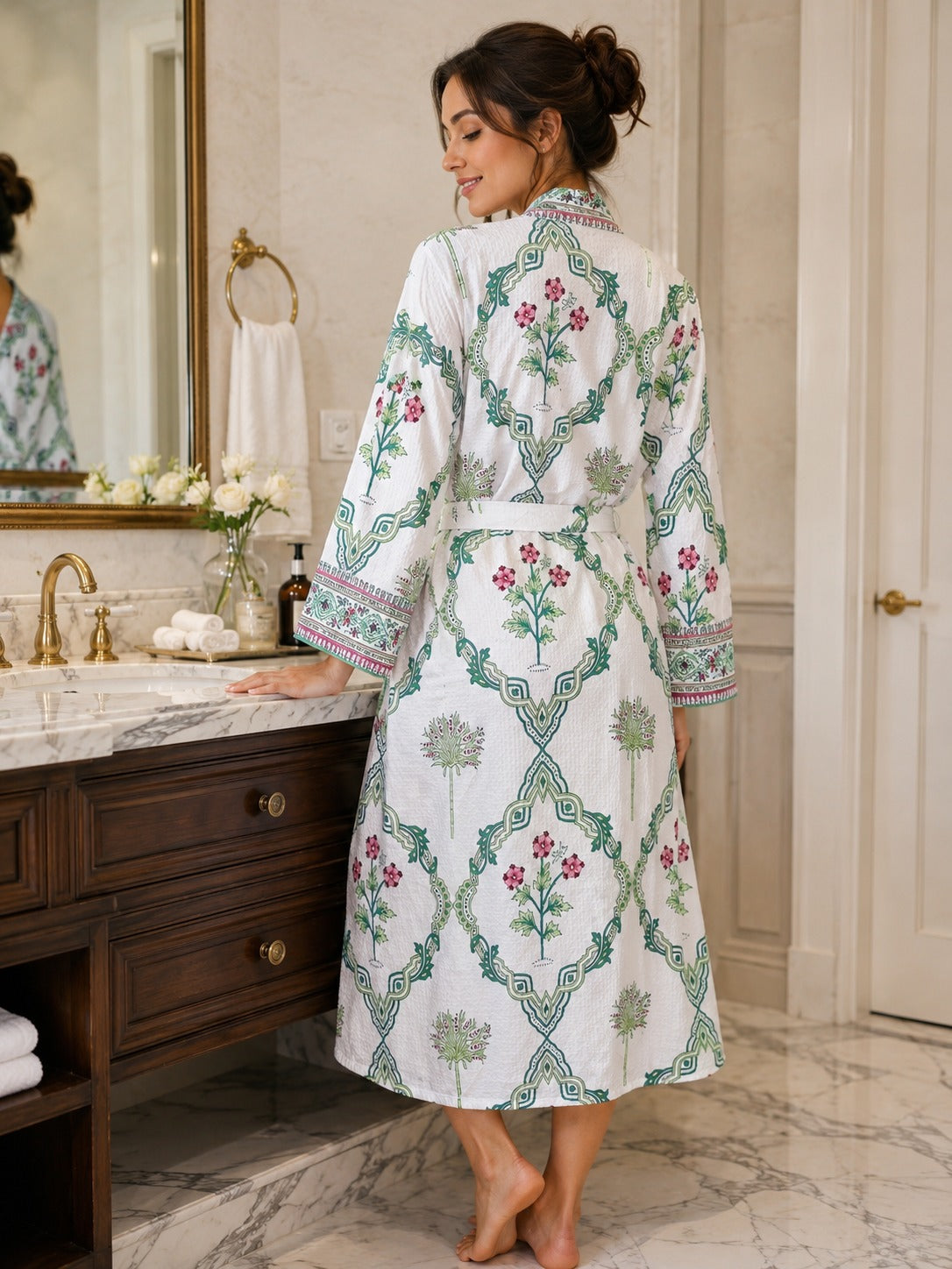 Waffle Cotton Handblock Printed Unisex Bathrobe - Free Size