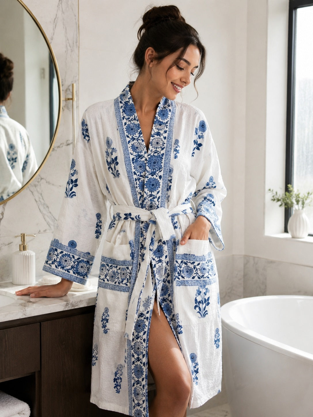 Waffle Cotton Handblock Printed Unisex Bathrobe - Free Size