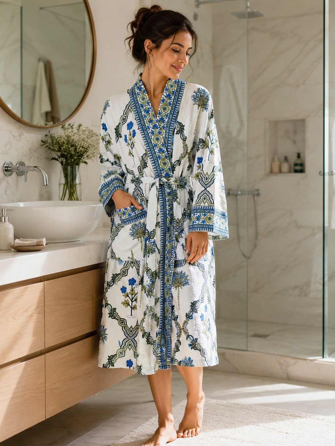 Waffle Cotton Handblock Printed Unisex Bathrobe - Free Size
