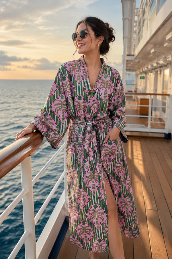 Cotton Kimono Handblock Printed Unisex Bathrobe - Free Size