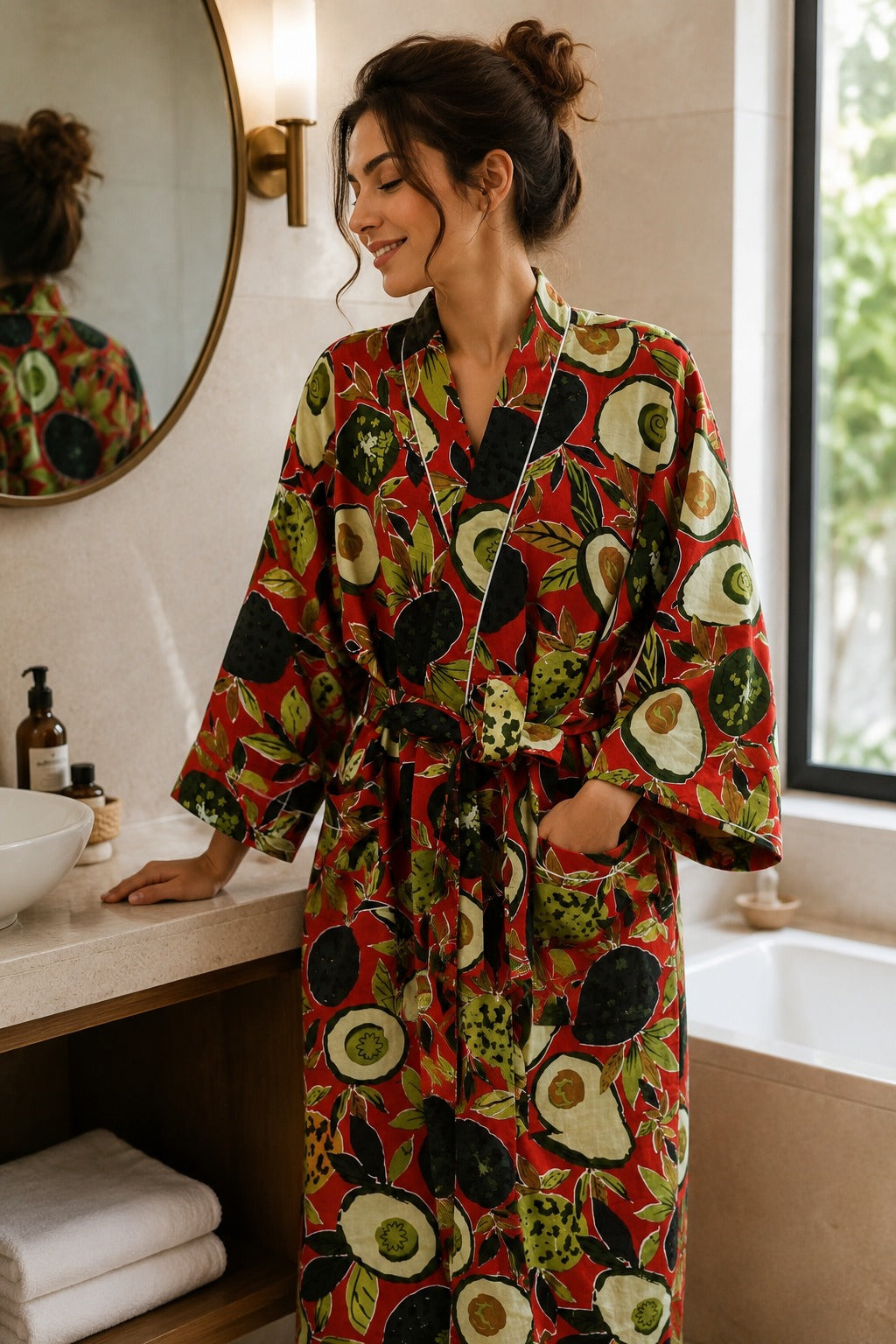 Cotton Kimono Handblock Printed Unisex Bathrobe - Free Size