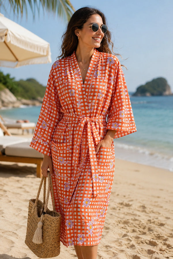 Cotton Kimono Handblock Printed Unisex Bathrobe - Free Size