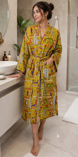 Cotton Kimono Handblock Printed Unisex Bathrobe - Free Size