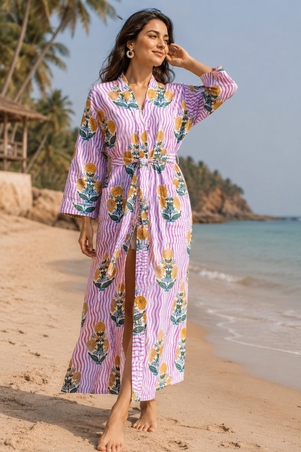 Cotton Kimono Handblock Printed Unisex Bathrobe - Free Size