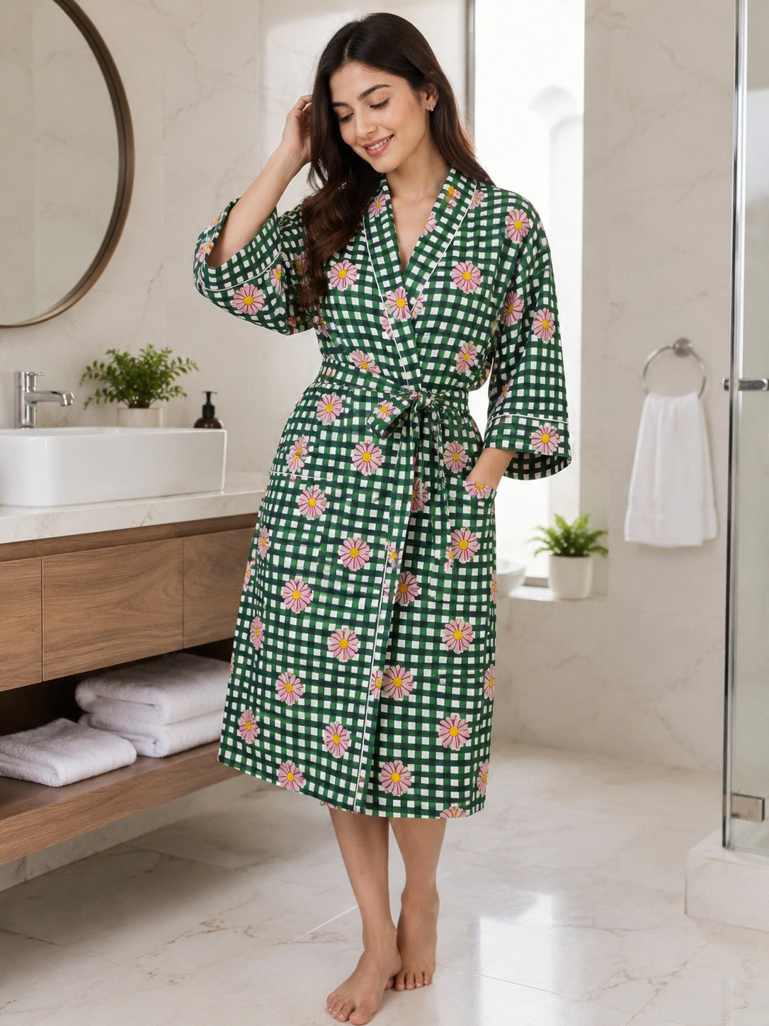 Cotton Kimono Handblock Printed Unisex Bathrobe - Free Size