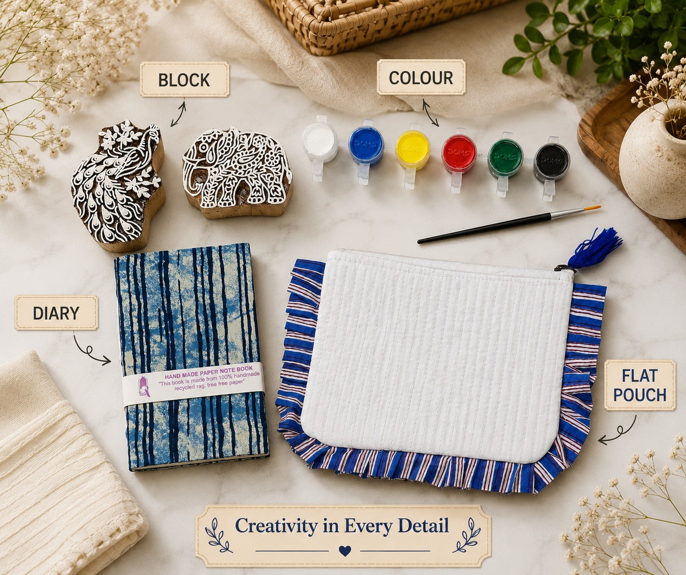 DIY Block Printing Kit – Handmade Diary, White Pouch, 2 Wooden Blocks & Paint Set