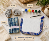 DIY Block Printing Kit – Handmade Diary, White Pouch, 2 Wooden Blocks & Paint Set