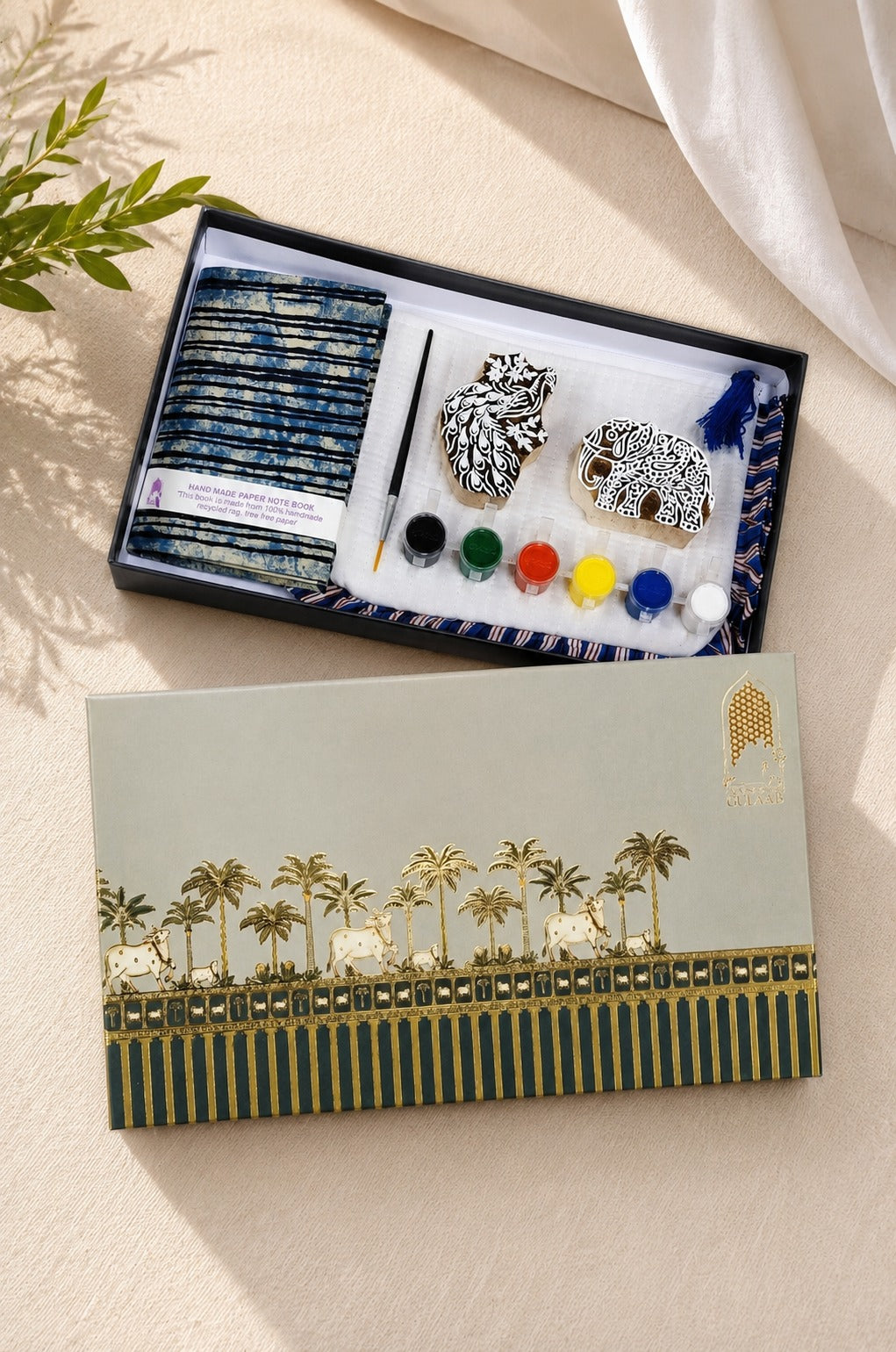 DIY Block Printing Kit – Handmade Diary, White Pouch, 2 Wooden Blocks & Paint Set