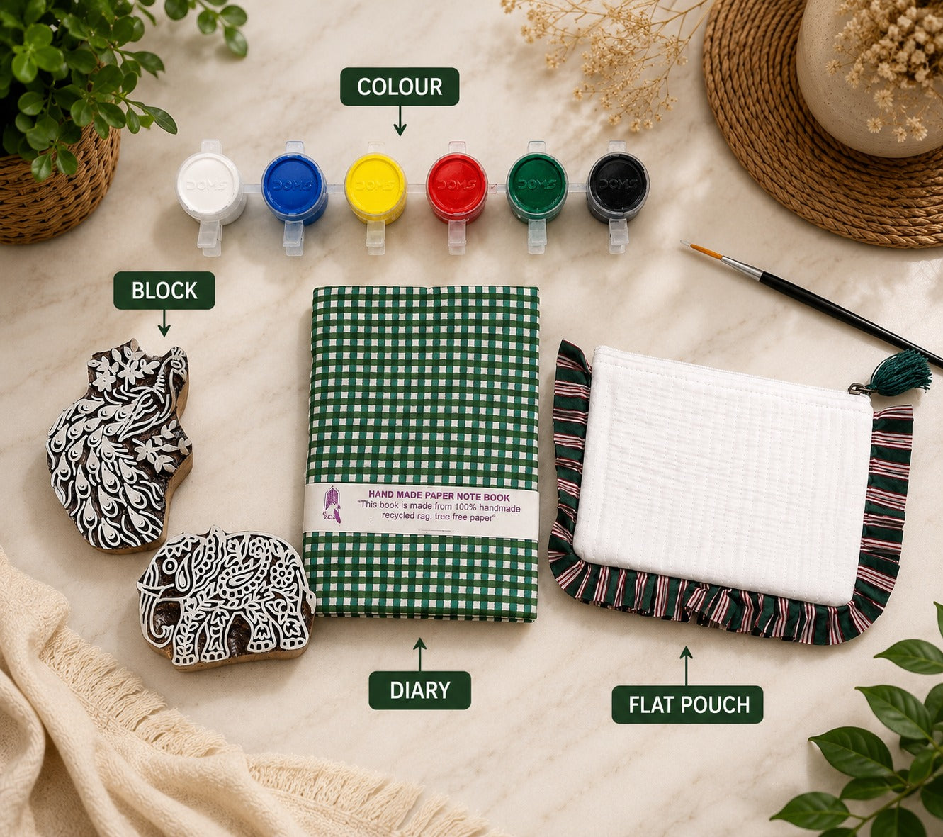 DIY Block Printing Kit – Handmade Diary, White Pouch, 2 Wooden Blocks & Paint Set