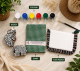 DIY Block Printing Kit – Handmade Diary, White Pouch, 2 Wooden Blocks & Paint Set